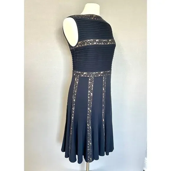 Tadashi Shoji | Dresses | Tadashi Shoji Navy Blue Pintuck Lace Jersey Fit  Flare Dress Size Large | Poshmark